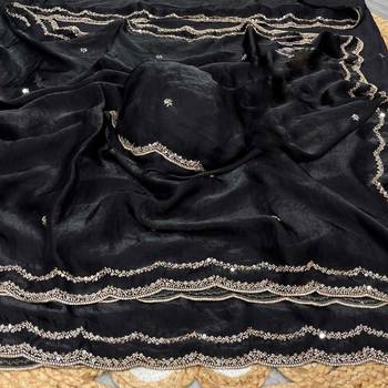 Black Color Beads and Handwork Satin Saree 3