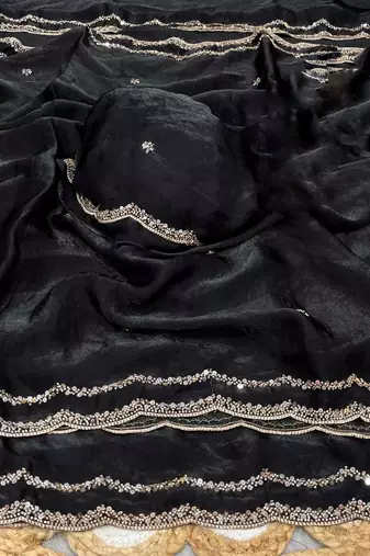 Black Color Beads and Handwork Satin Saree