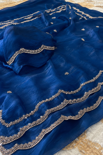 Blue Color Beads and Handwork Satin Saree