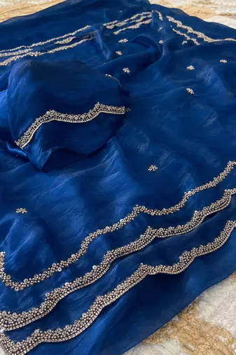 Blue Color Beads and Handwork Satin Saree