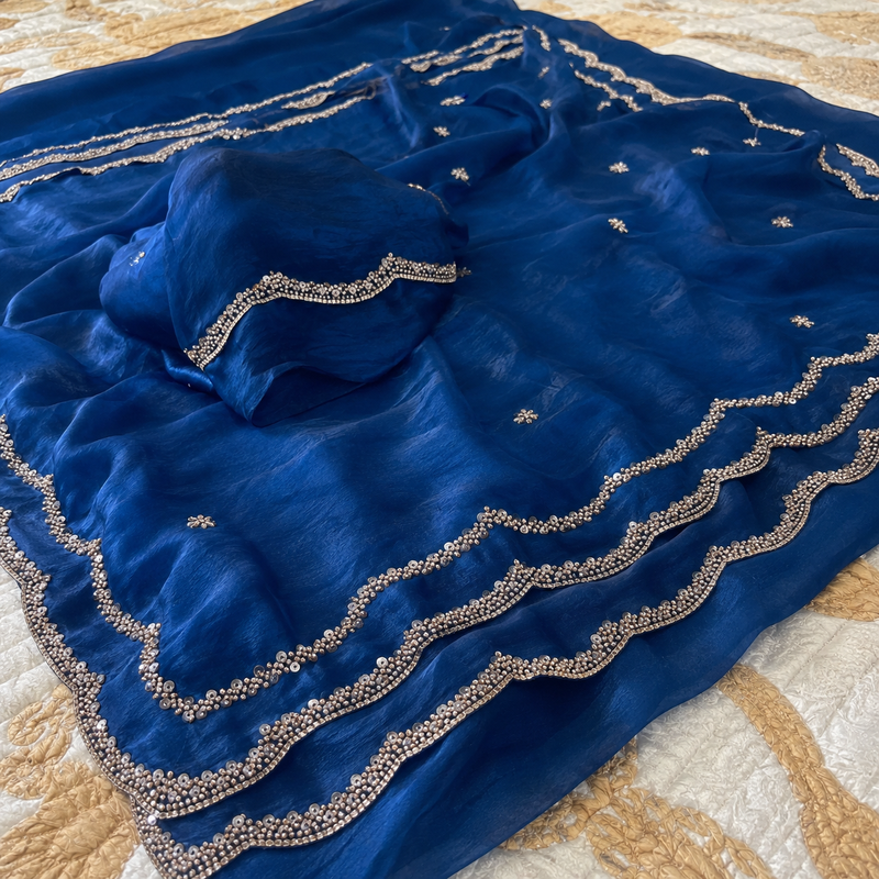Blue Color Beads and Handwork Satin Saree