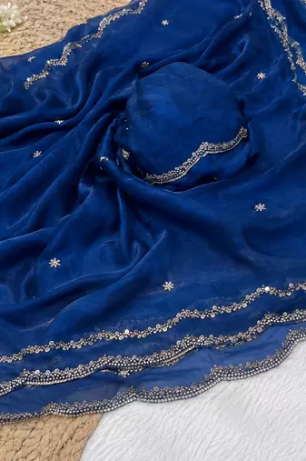 Blue Color Beads and Handwork Satin Saree