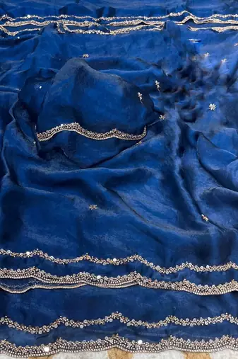 Blue Color Beads and Handwork Satin Saree