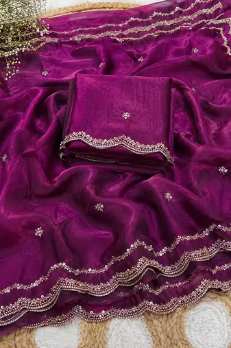 Magenta Color Beads and Handwork Satin Saree