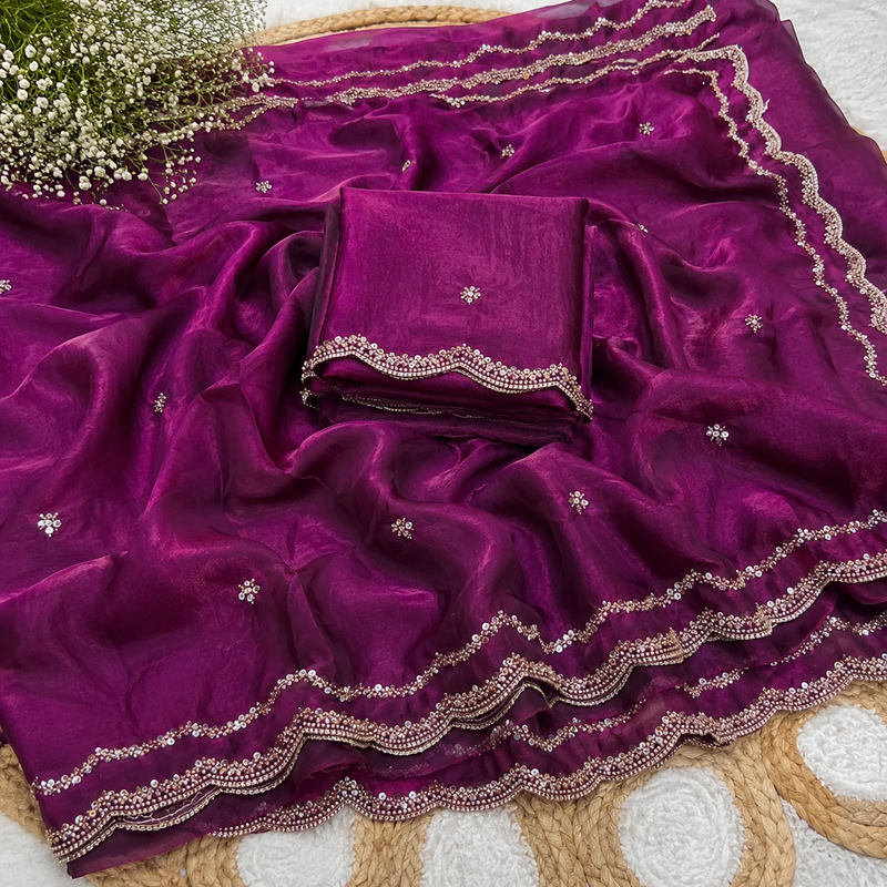 Magenta Color Beads and Handwork Satin Saree