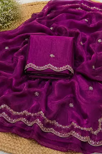 Magenta Color Beads and Handwork Satin Saree