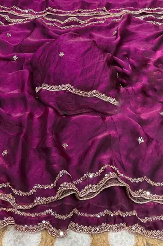 Magenta Color Beads and Handwork Satin Saree