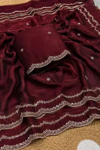 Maroon Color Beads and Handwork Satin Saree