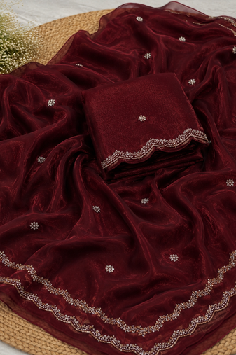 Maroon Color Beads and Handwork Satin Saree