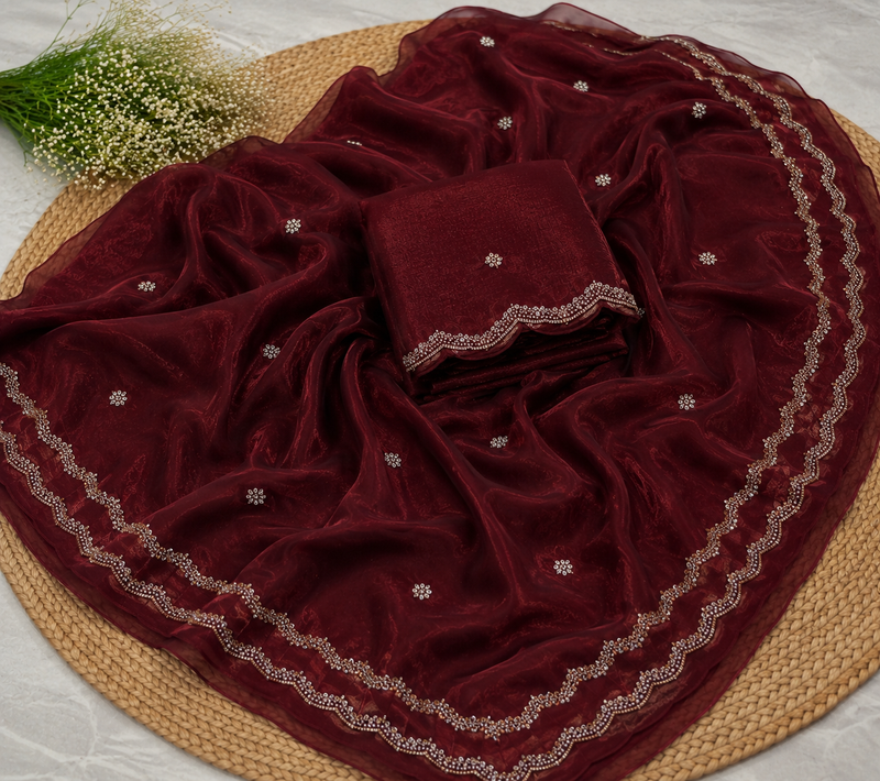 Maroon Color Beads and Handwork Satin Saree