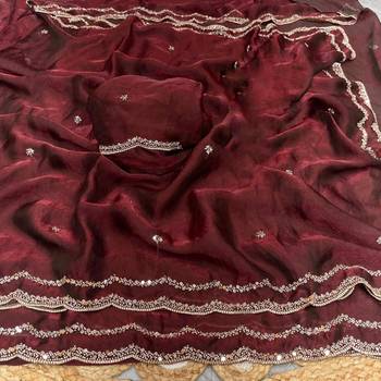 Maroon Color Beads and Handwork Satin Saree 3