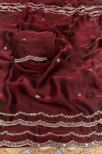 Maroon Color Beads and Handwork Satin Saree