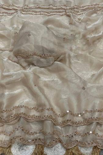 Off White Color Beads and Handwork Satin Saree
