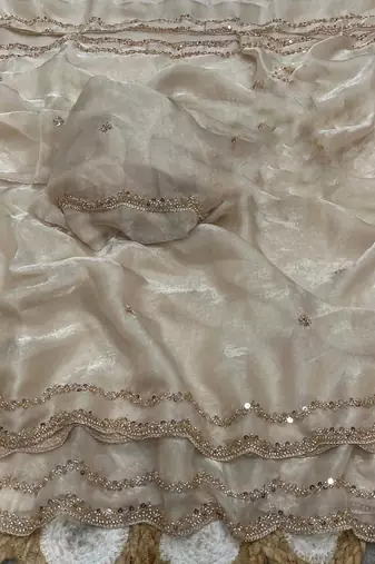 Off White Color Beads and Handwork Satin Saree