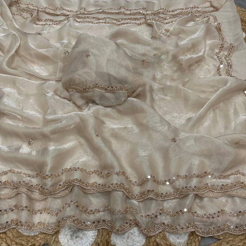Off White Color Beads and Handwork Satin Saree
