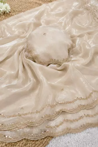 Off White Color Beads and Handwork Satin Saree