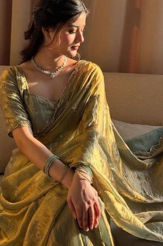 Olive Green Color Beads and Handwork Satin Saree