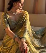 Olive Green Color Beads and Handwork Satin Saree