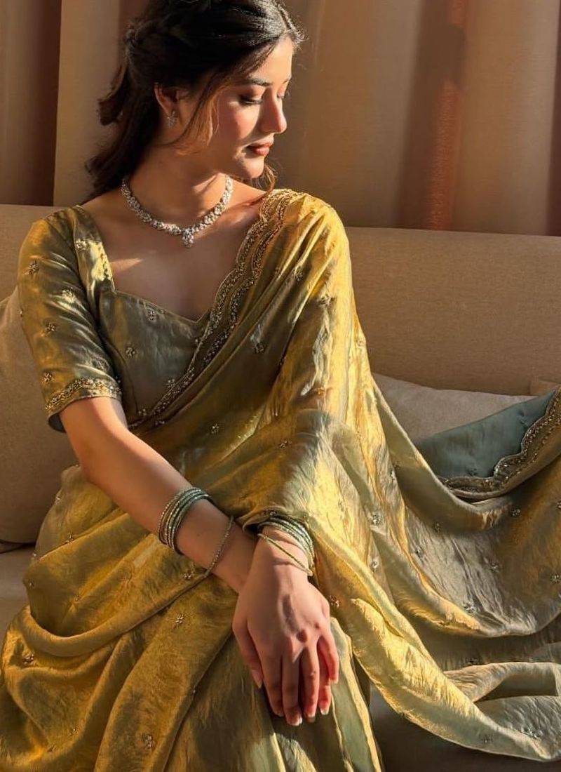 Olive Green Color Beads and Handwork Satin Saree