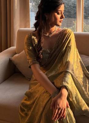 Olive Green Color Beads and Handwork Satin Saree 2