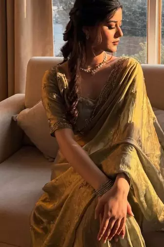 Olive Green Color Beads and Handwork Satin Saree
