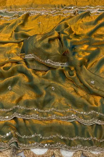 Olive Green Color Beads and Handwork Satin Saree