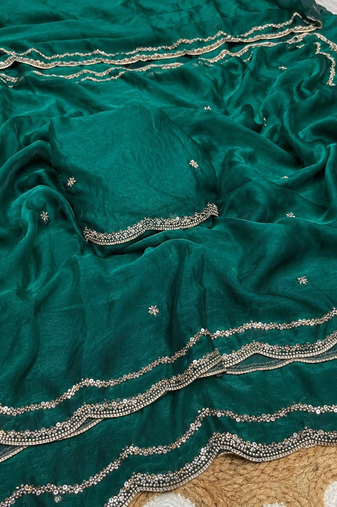 Teal Color Beads and Handwork Satin Saree