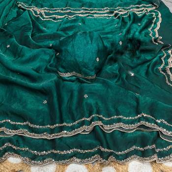Teal Color Beads and Handwork Satin Saree 3