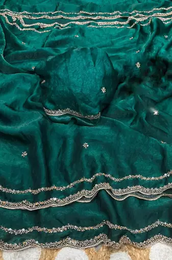 Teal Color Beads and Handwork Satin Saree