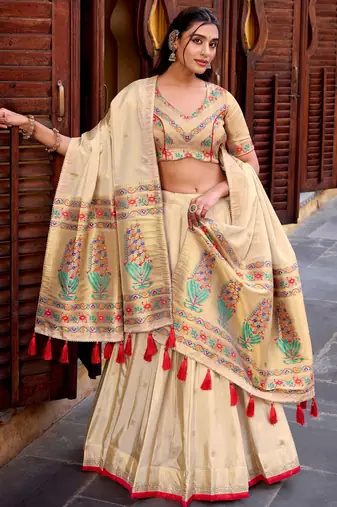Glamorous Cream Zari Weaving Silk Marriage Wear Lehenga Choli
