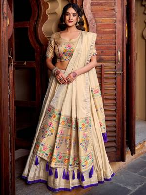 Glowing Cream Zari Embroidered Silk Wedding Wear Lehenga Choli 1