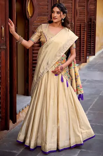 Glowing Cream Zari Embroidered Silk Wedding Wear Lehenga Choli