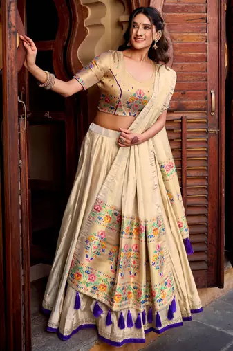 Glowing Cream Zari Embroidered Silk Wedding Wear Lehenga Choli