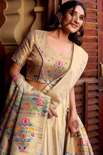 Glowing Cream Zari Embroidered Silk Wedding Wear Lehenga Choli