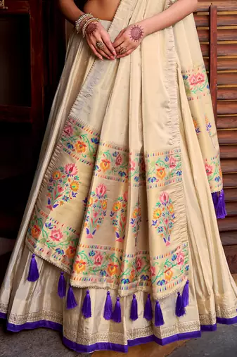 Glowing Cream Zari Embroidered Silk Wedding Wear Lehenga Choli