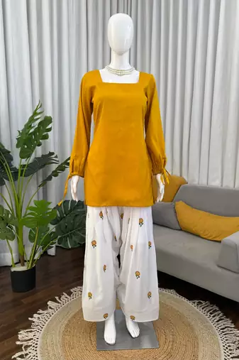yellow rayon suit with salwar set