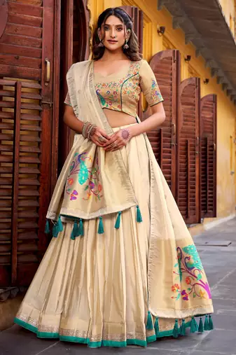Royal Cream Zari Work Silk Navratri Wear Lehenga Choli With Dupatta