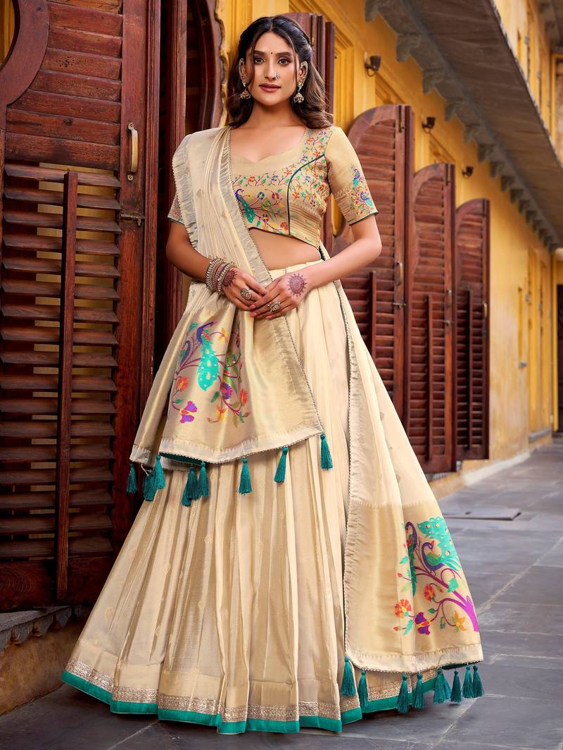 Royal Cream Zari Work Silk Navratri Wear Lehenga Choli With Dupatta