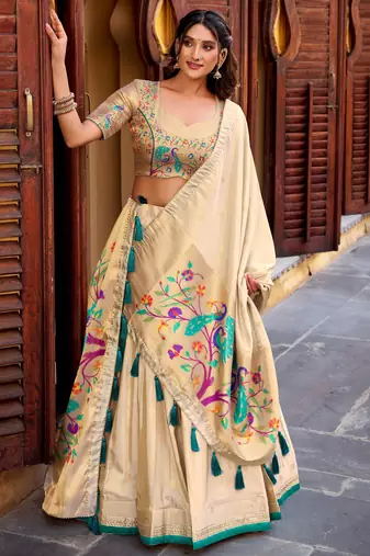 Royal Cream Zari Work Silk Navratri Wear Lehenga Choli With Dupatta