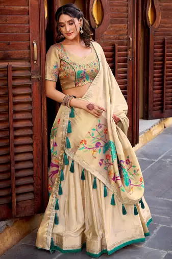 Royal Cream Zari Work Silk Navratri Wear Lehenga Choli With Dupatta