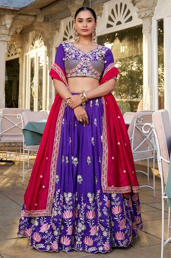 Elite Purple Embroidered Silk Wedding Wear Lehenga Choli With Dupatta