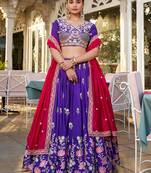Elite Purple Embroidered Silk Wedding Wear Lehenga Choli With Dupatta