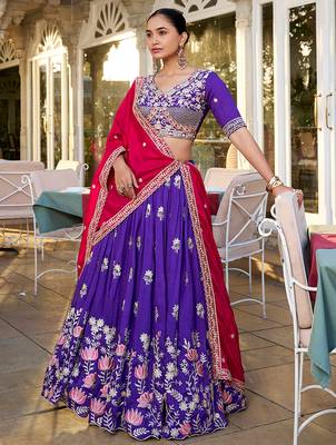 Elite Purple Embroidered Silk Wedding Wear Lehenga Choli With Dupatta 2