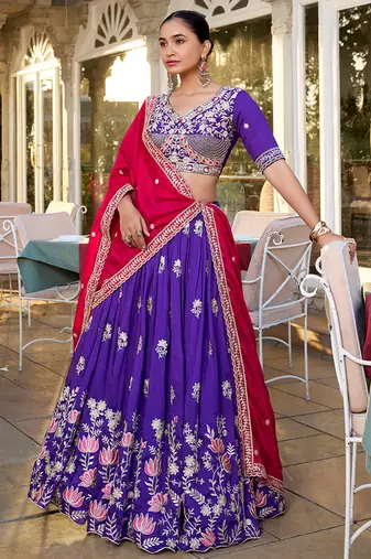 Elite Purple Embroidered Silk Wedding Wear Lehenga Choli With Dupatta
