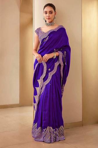 Purple Color Embroidery And Sequences Work Silk Blend Saree
