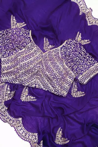 Purple Color Embroidery And Sequences Work Silk Blend Saree