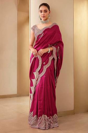 Rani Pink Color Embroidery And Sequences Work Silk Blend Saree