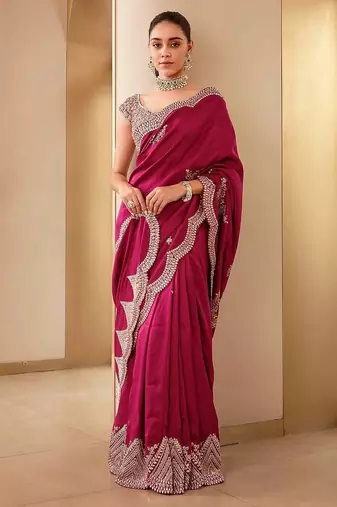 Rani Pink Color Embroidery And Sequences Work Silk Blend Saree