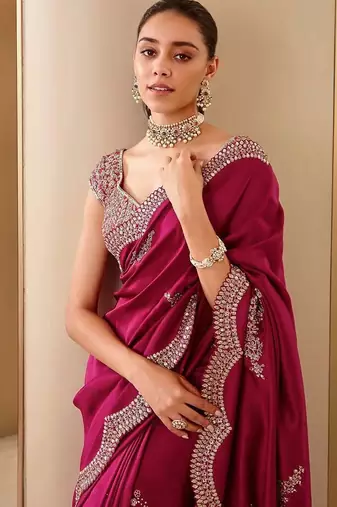Rani Pink Color Embroidery And Sequences Work Silk Blend Saree