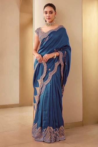 Teal Color Embroidery And Sequences Work Silk Blend Saree